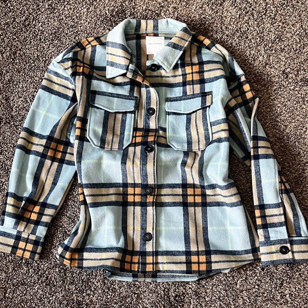 Avec Les Filles Plaid Oversized Shacket Light Blue Button Down Collared Pockets